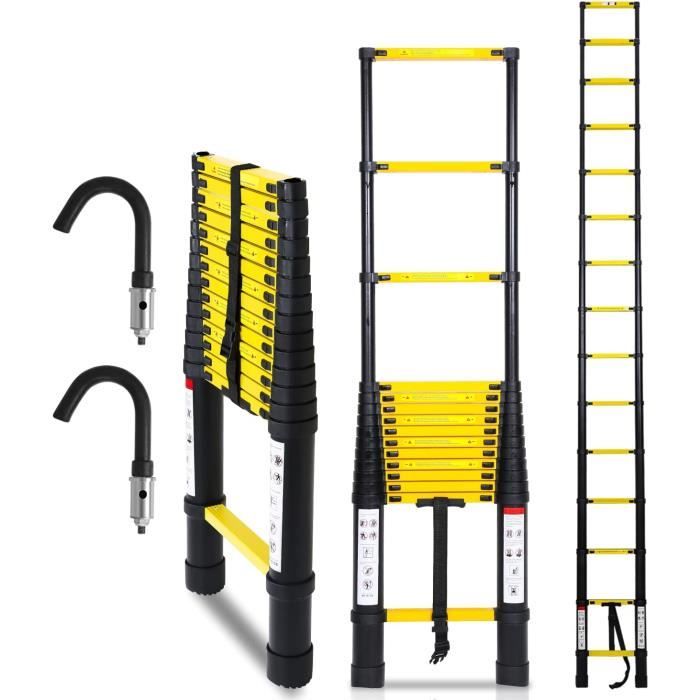 BMOT Échelle télescopique télescopique en aluminium de 4,4 m - Escabeau BMOT Échelle télescopique télescopique en aluminium de 4,4 m - Escabeau