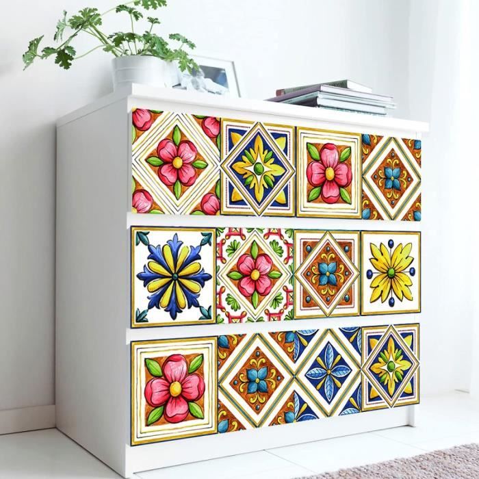 Stickers Carrelage Adhésifs Cuisine/salle De Bain - Motif Fleurs Vert Jaune, 20x20 Cm, Imperméable, 10 Pièces