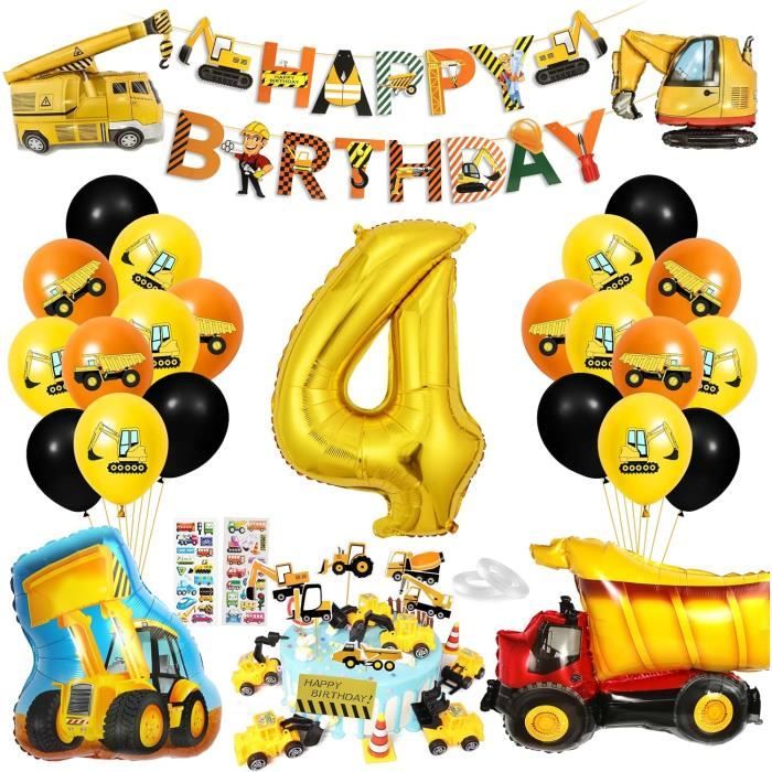 Decoration Anniversaire Chantier 4 Ans - Kit Vaisselle Complète Avec Bannière Et Ballons Pour 16 Invités