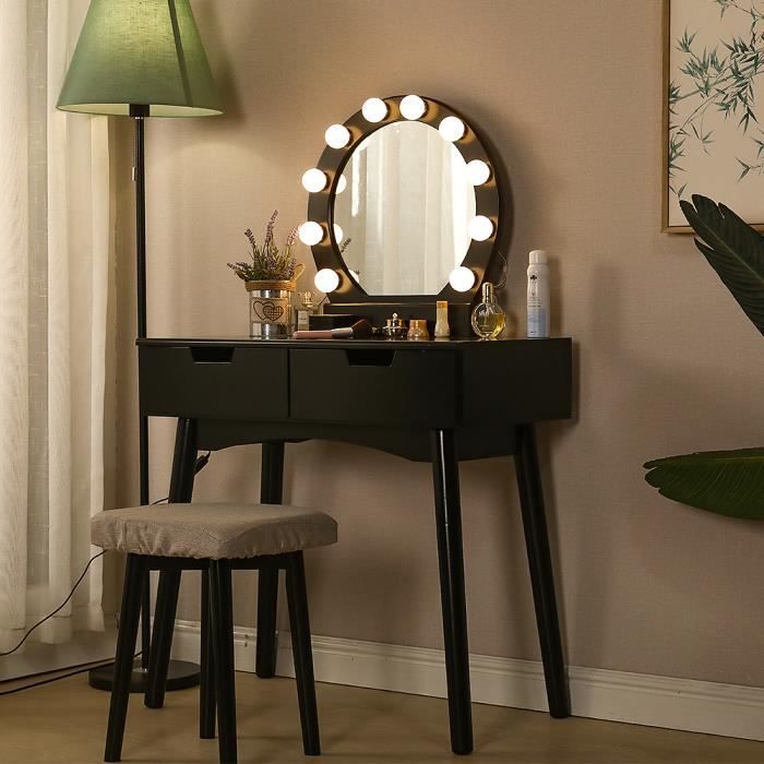 Noir)Coiffeuse avec tabouret,miroir rond et lumière LED,2 Grands Tiroirs  Coulissants,80x40x131 cm - Cdiscount Maison