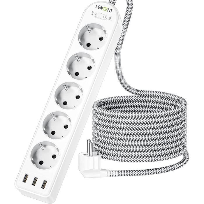 Multiprise Cube Huslog 7-en-1 – 3 Prises 4 Ports USB, Interrupteur LED, Câble 1,5m, Antidérapant, Noir – Pour Bureau Et Maison