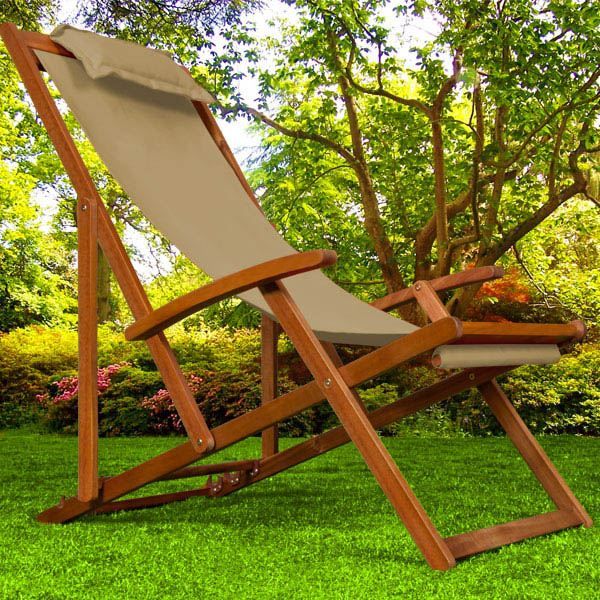 chaise de plage pliante en bois d'acacia - deuba - réglable sur 3 niveaux - tissu respirant - coussin amovible
