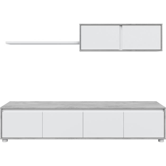 Ensemble meuble TV ALIDA - Meuble bas 4 portes + Meuble haut 2 portes + étagère suspendue - Blanc et
