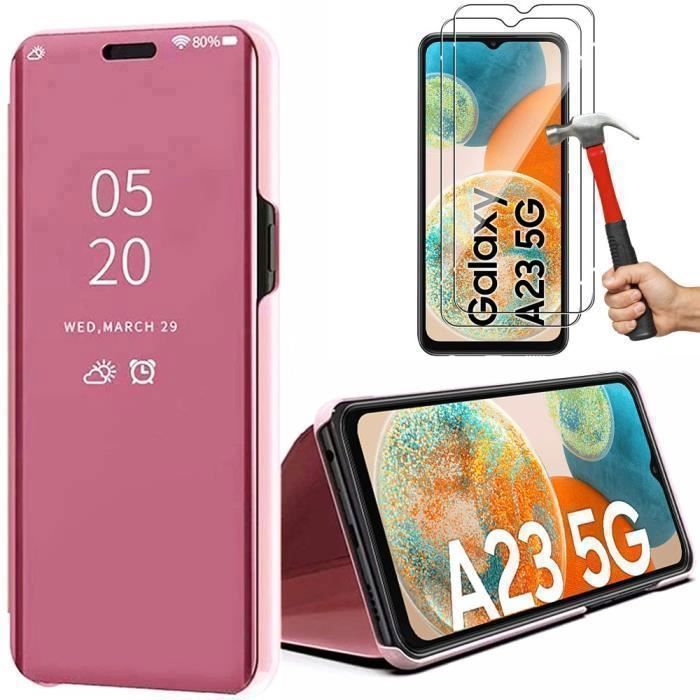 Coque pour Samsung A23 5G + 2 Verres Trempés Design Tendance Effet Miroir Anti-Choc Protection Rose