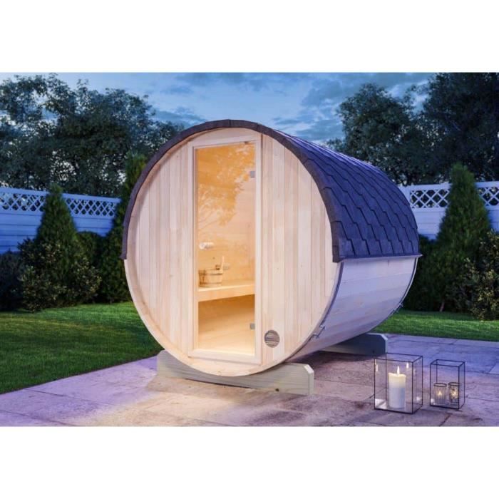 Sauna tonneau Finntherm Mini S - Épicéa nordique - 4 personnes - 2 bancs en bois inclus