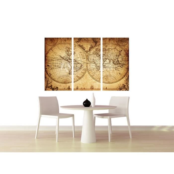 Tableau Triptyque Carte Du Monde 120x80 Cm Impression