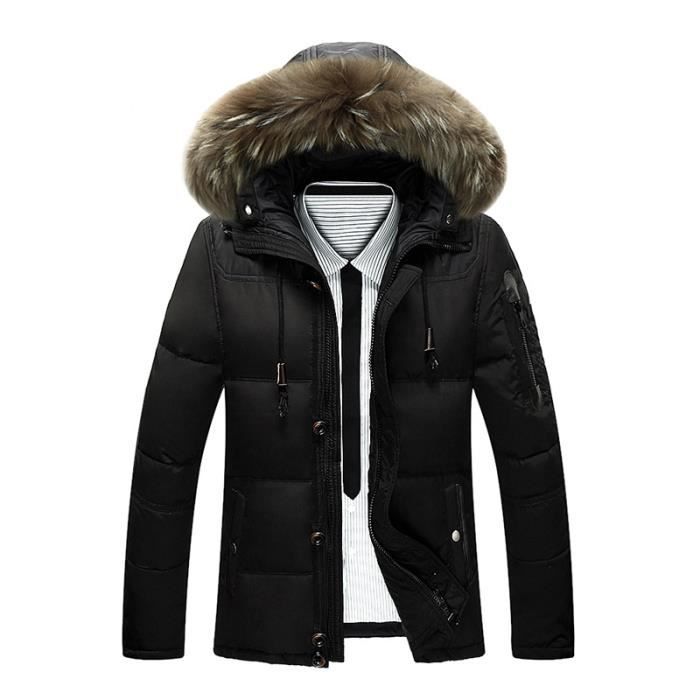 Doudoune noir Homme hiver slim a capuche de fausse fourure Vêtement