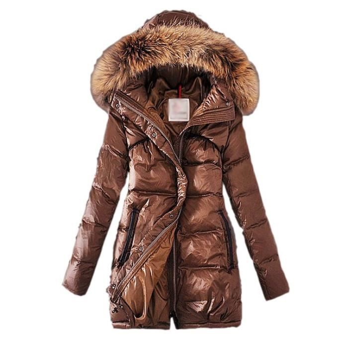 Marron Doudoune Femme Hiver Col Montant Avec Capuche Fourrure