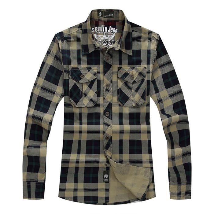 Chemise Homme Mode Col Montant Manche Longue Motif de Treillis VeTement Masculin Armee verte