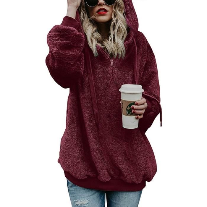 Sweat a capuche pour femme En polaire Automne Hiver Chaud Manches longues Couleur unie Decontracte Pull Rouge Vin Rouge Vin Cdiscount Pret a Porter