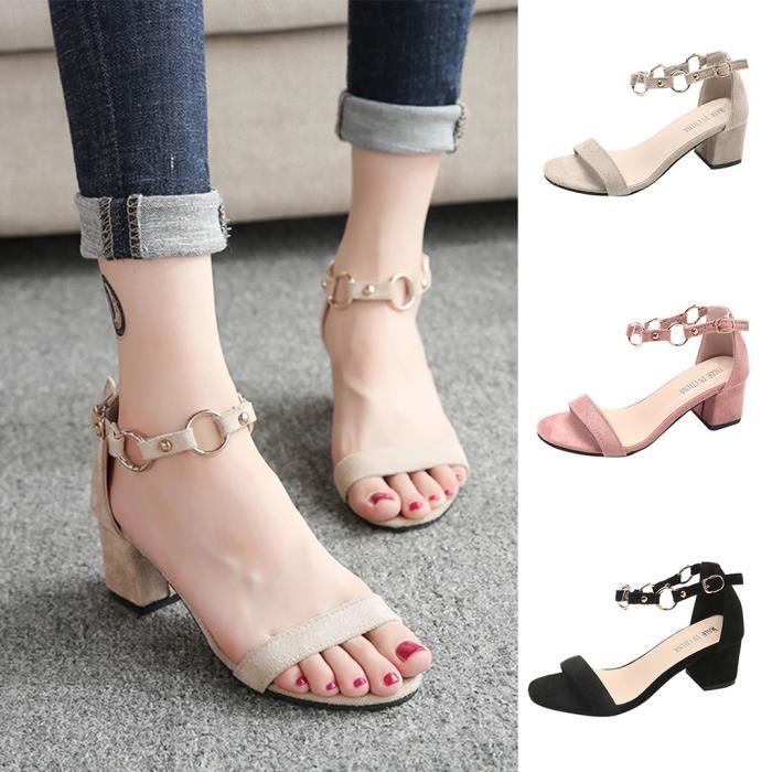 Mode Pour Femmes D Age Moyen Casual Talon Carre Plein Talons Dames Chaussures Ouvertes Sandales Toe Noir