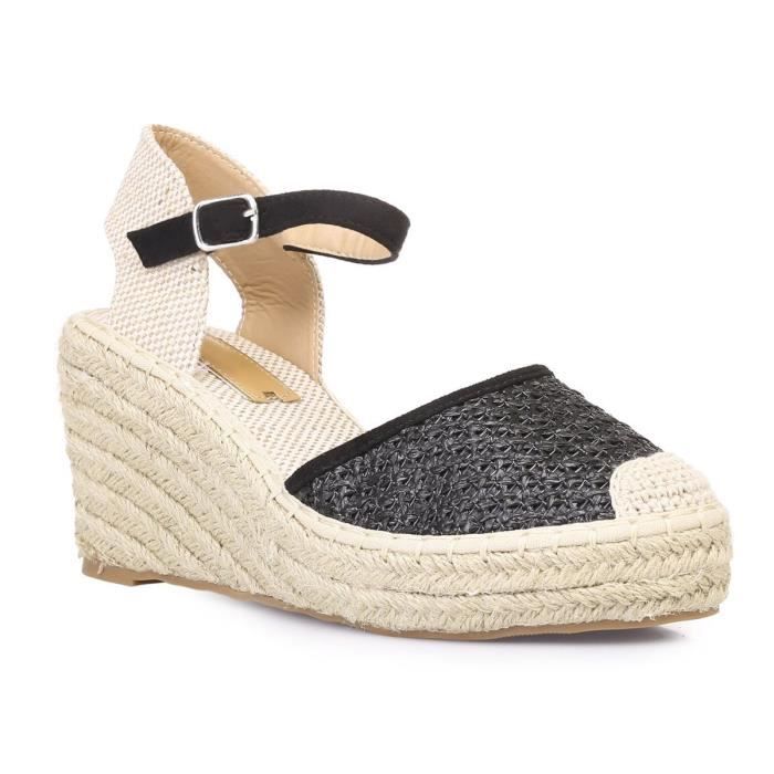 Espadrilles compensées noires - Femme - Effet paille tressée - Talon 8cm - Plateforme 2,5cm