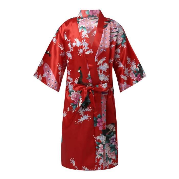 Enfant Fille Kimono Peignoir Satin Robe de Nuit Pyjama Floral Paon