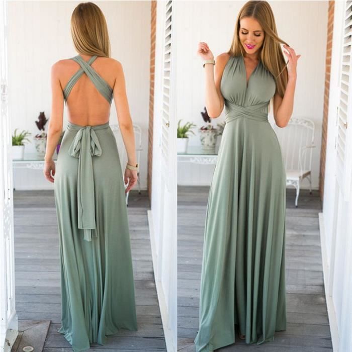 Robe longue verte dos nu sale