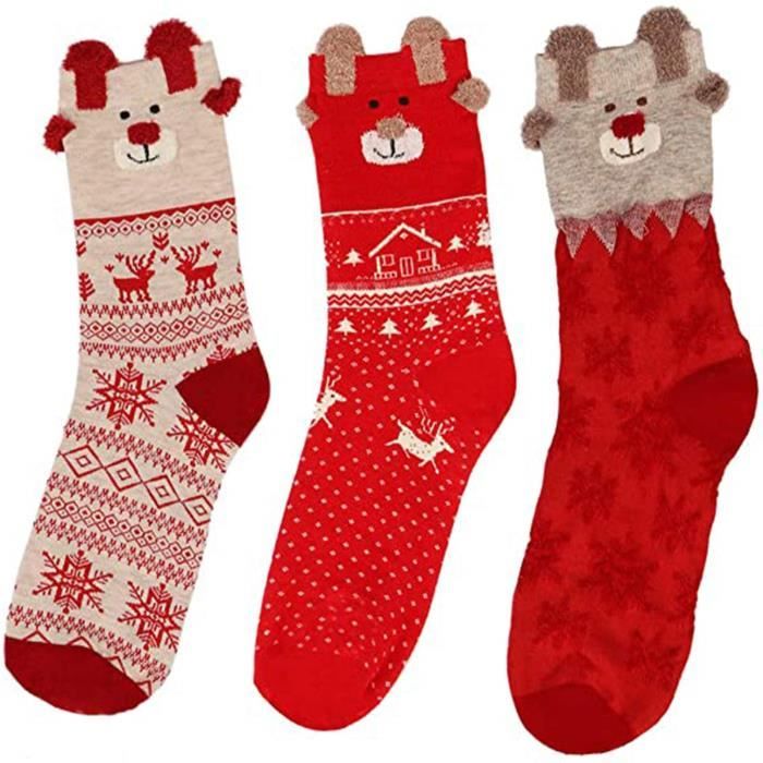 3 Paires Chaussettes De Noël Femme - Motif Renne/Flocons - Taille Moyenne - Cadeau Festif Doux Et Chaud