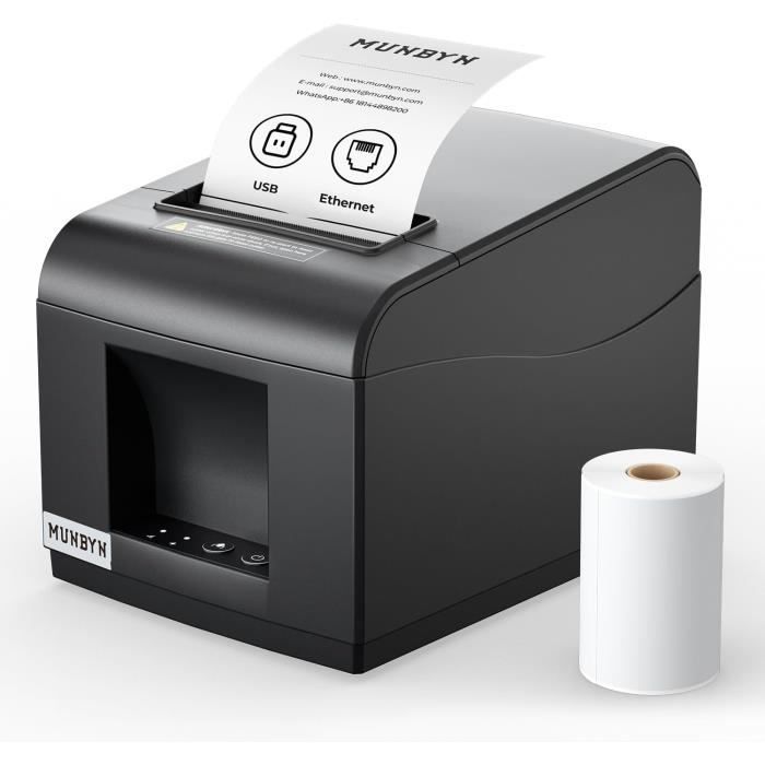 MUNBYN Imprimante de Reçus Thermique USB 80mm POS Imprimante Ticket de Caisse Ethernet Noir