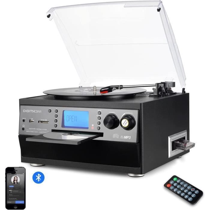 DIGITNOW! Platine Vinyle Bluetooth Tourne-Disque USB mp3 et Fonction Encodage Classique Lecteur CD avec Cassette FM Radio,3 Vitesses