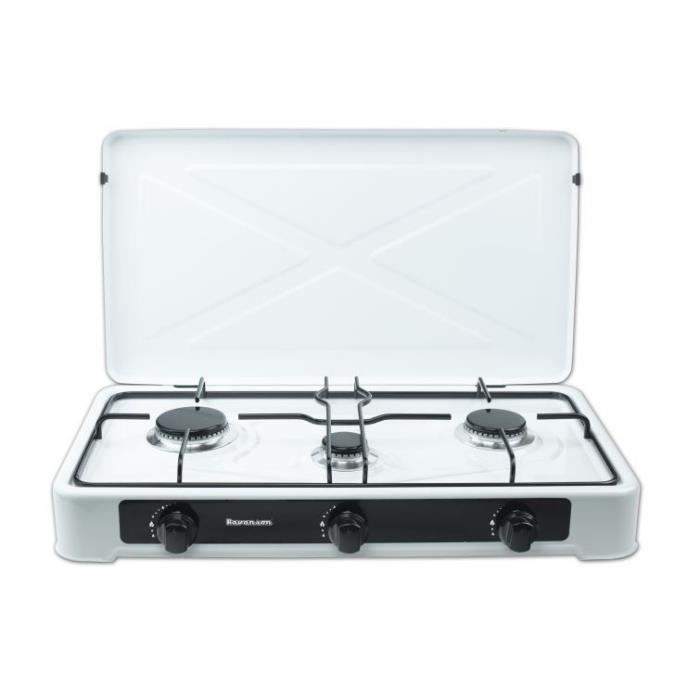 Table De Cuisson Gaz Ravanson K-04T - 4 Brûleurs 6,46 KW, Couvercle Métallique, Boîtier Métal Blanc 49,5 X 54 Cm