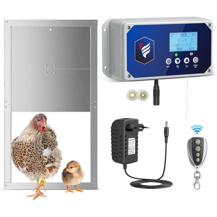 Porte Automatique Poulailler 2024 - Jusqu'à 4KG, Moteur Amélioré, 2 Télécommandes + Minuterie, Kit Électrique Avec Ouverture Jusqu'à 40m