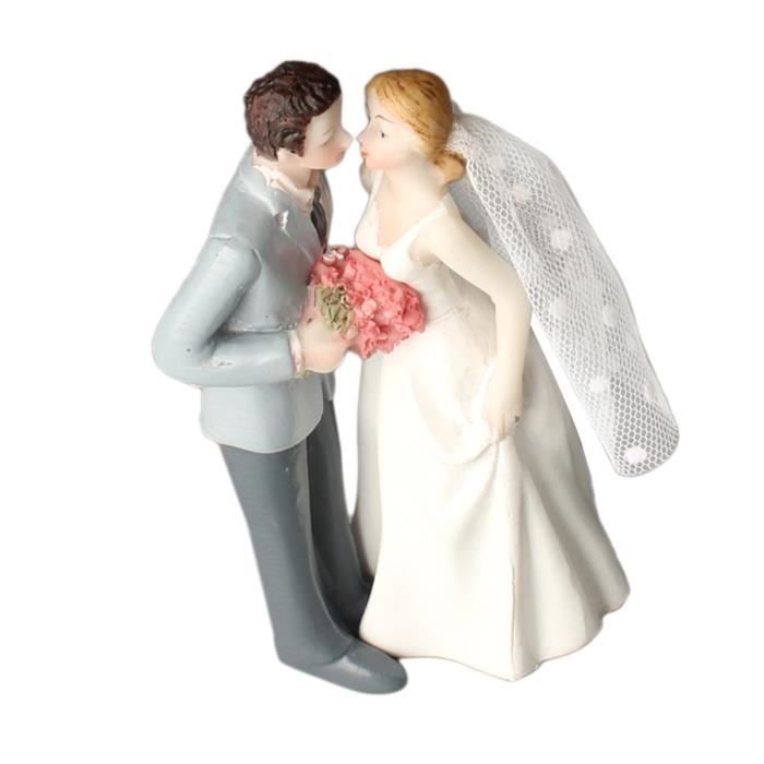 Figurine Mariage Résine 21cm - Mariée Et Marié Peint Main - Accents Dorés