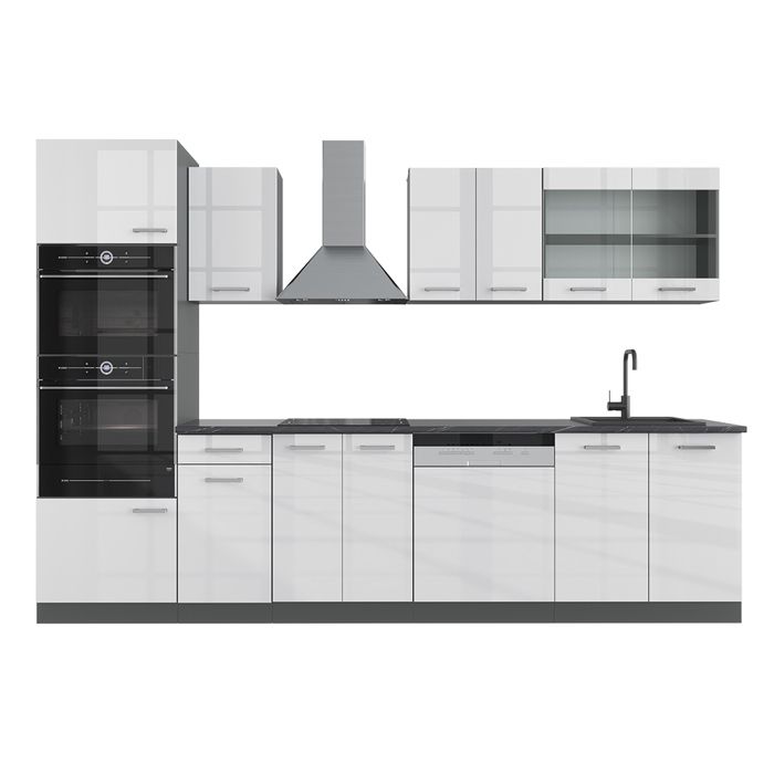 Cuisine R-Line, 300 cm avec armoire haute, PT Anthracite, Bleu-gris