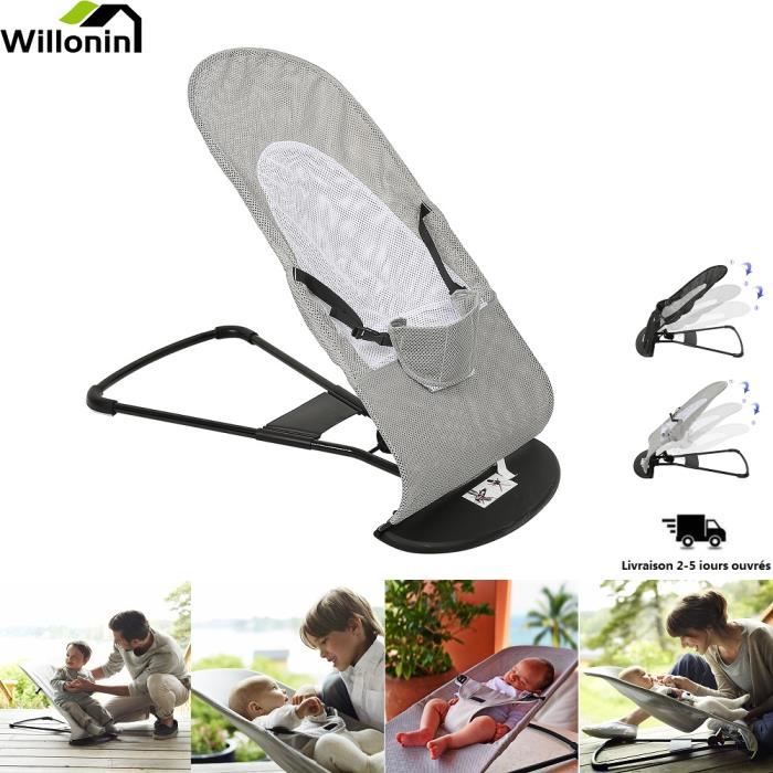 Willonin® Transat bébé avec ceinture de sécurité, Balance bébé avec inclination réglable à 3 niveaux, Gris 88 x 40 x 51.5 cm