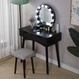 (Noir)Coiffeuse avec tabouret,miroir rond et lumière LED,2 Grands Tiroirs Coulissants,80x40x131 cm-1