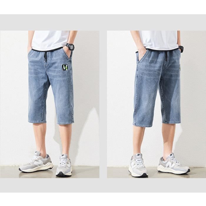 Pantacourt en Jean Homme Coupe Droite Taille Elastique Casual Pantalon Court Ete Effect Delave Couleur unie Bleu Bleu Cdiscount Pret a Porter