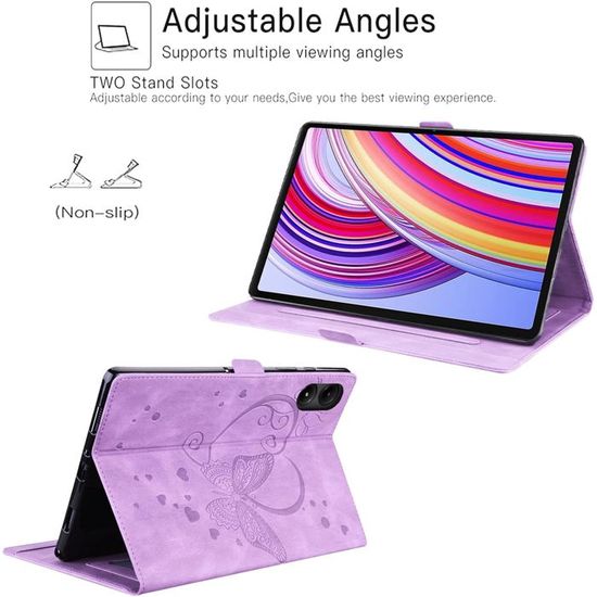 Housse Redmi Pad Pro 12.1" - Étui Cuir PU Avec Support, Motif Papillon Fleurs, Poches Cartes, Protection Complète