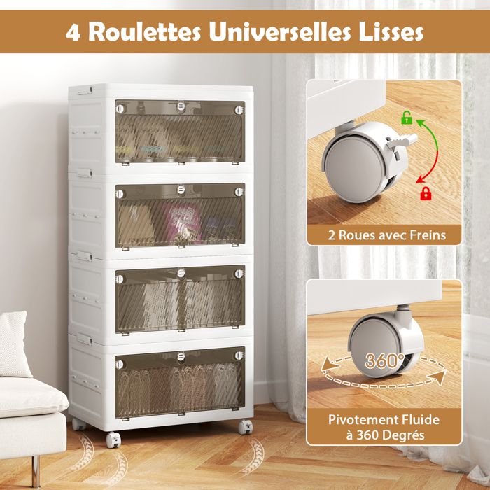 3 Bacs De Rangement Pliables Avec Couvercle De 213 L, Conteneurs De Rangement Empilables A 3 Niveaux Avec Roues Et Portes 65 X 39 X 109 Cm 96601948