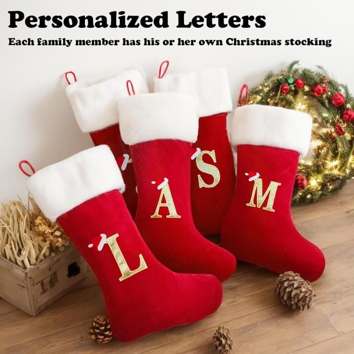 Chaussette De Noël Personnalisée - 30cm - Brodée à La Lettre - Rouge Et Blanc - Décoration Cheminée