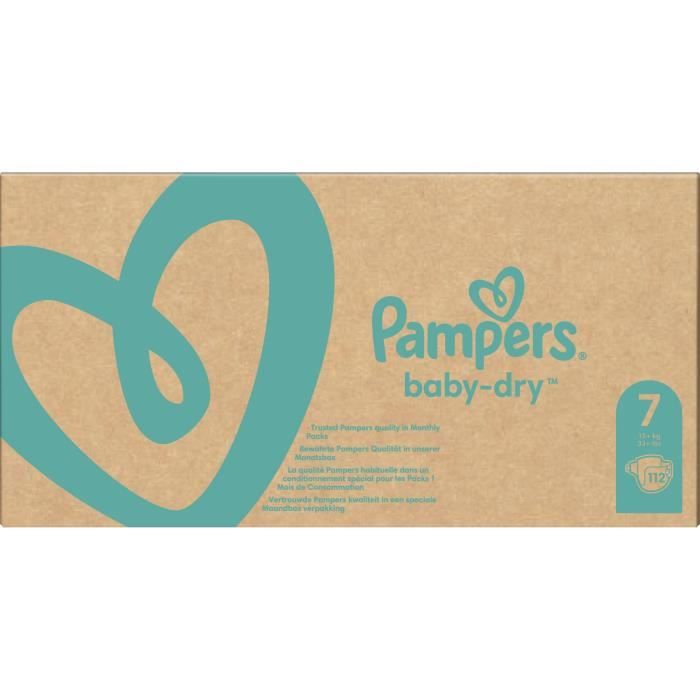 Pampers Couches Taille 7 (15+ kg), Baby-Dry, 112 Couches Bébé