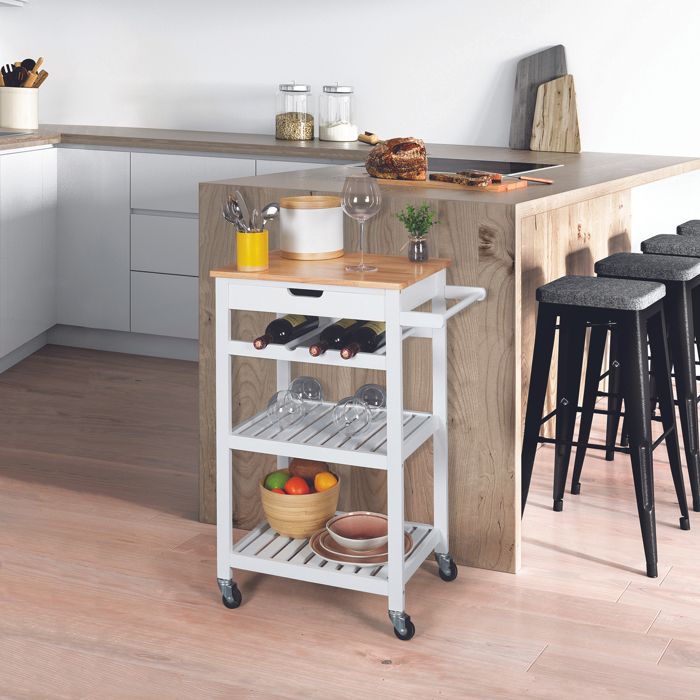 Desserte de cuisine à roulettes avec 1 tiroir et 3 portes, plateau