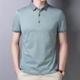 Polo shirt de soie de mûrier Slim à Revers Couleur unie pour Hommes Vert-0