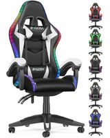 Chaise gaming avec éclairage LED Effets, Fauteuil avec Lombaire et Appui-Tête Appui, Dossier Hauteur Réglable, Blanc