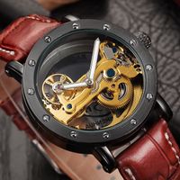 Top marque de luxe automatique montre mécanique pour homme bracelet en cuir montres squelette montres hommes - marron
