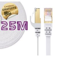 25m - Câble Réseau Ethernet RJ45, Cat 7 STP 100% Cuivre, Câble Plat, 32 AWG, Blanc