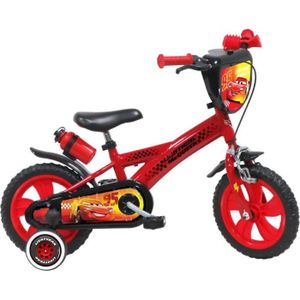VÉLO ENFANT Vélo enfant 12'' CARS / DISNEY avec 1 frein - plaque avant, bidon et porte bidon + 2 stabilisateur amovibles.