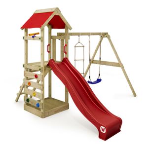 BALANÇOIRE - PORTIQUE WICKEY Aire de jeux Portique bois FreeFlyer avec balançoire et toboggan rouge Maison enfant extérieure avec bac à sable