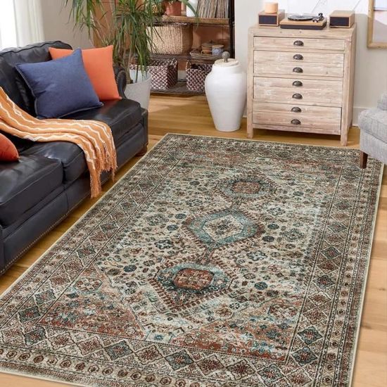 Geanlod Tapis bohème vert, antidérapant et lavable à poils courts