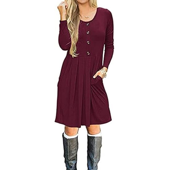 Robe Femme Manches Longues Yageshark - Style Swing Taille Haute, Boutons Décoratifs