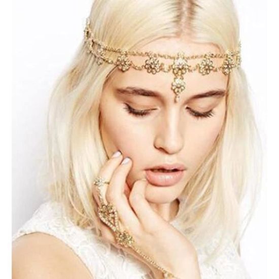 Cape Medievale Femme Chaîne Tête Bohème Fashband - Perles Vertes Crystal - Accessoire Cheveux Vintage Mariage Bijou Vintage Féminin