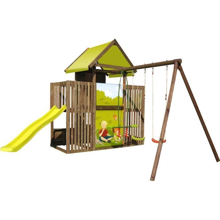 Aire de jeux portique en bois avec toboggan et balancoire P'TIT CHATENAY