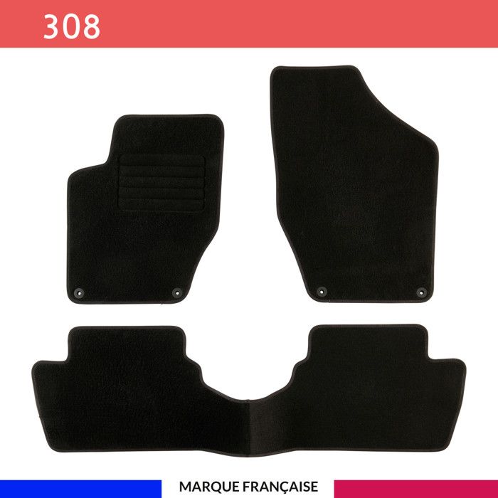 Tapis de sol voiture - Sur mesure pour PEUGEOT 308 / 308 SW (09/2007-08/2013) Antidérapant - 3 pièces : Protection arrière