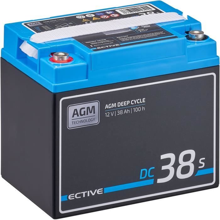 ECTIVE 12V 38Ah AGM batterie decharge lente Deep Cycle DC 38S avec écran LCD / marine, moteur electrique bateau, camping ca