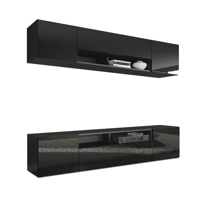 Combinaison murale Armoire Mogan, Corps en Noir mat - Façades en Noir haute brillance