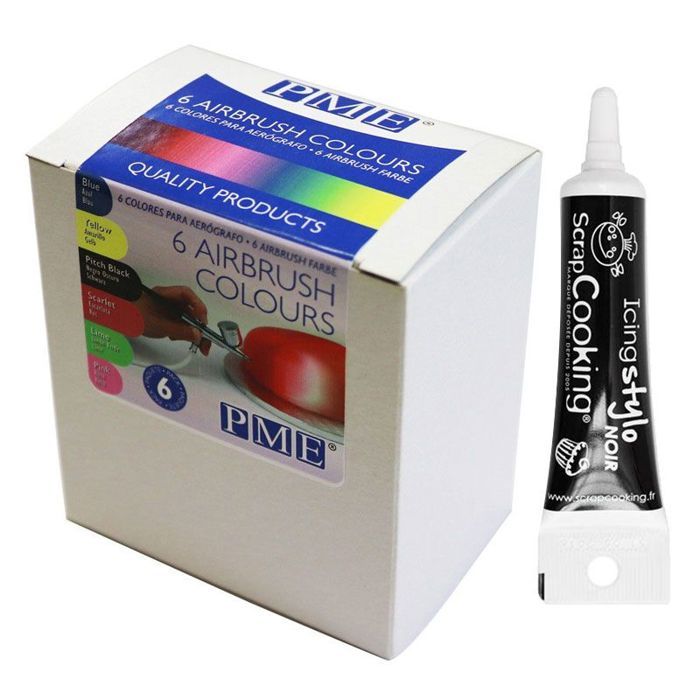 6 colorants alimentaires pour aérographe 25 ml + Stylo de glaçage noir