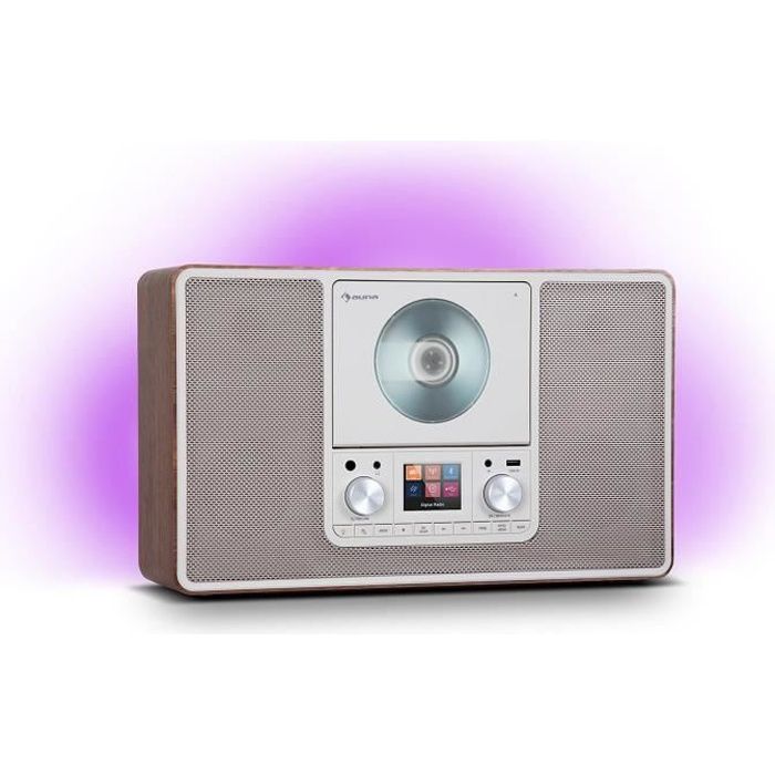 auna Scala VCD - Radio numérique avec lecteur CD - MP3 , tuner DAB - FM , Bluetooth 5.0 & USB , éclairage 7 couleurs - Marron