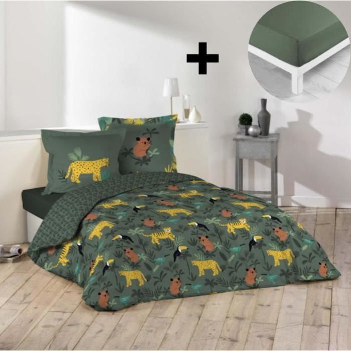CDaffaires Pack parure de couette 200x200 cm 100% coton Animaux + drap housse 140x190 cm Kaki