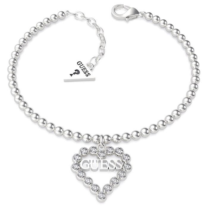 Bracelet GUESS Coeur Romance UBB70086-S billes en acier inoxydable rodiado logo coeur Swarovski